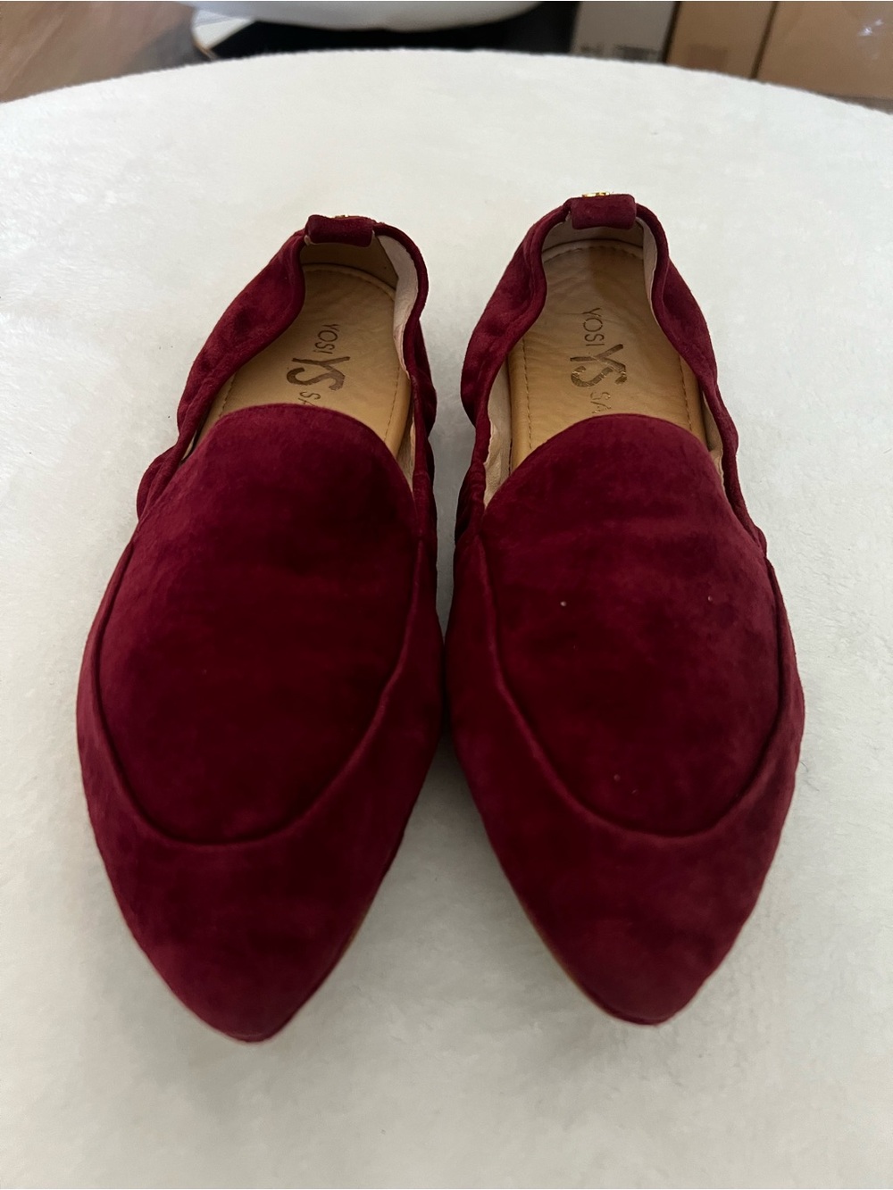 Suede Pointed Loafers in Burgundy by